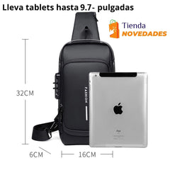 BOLSO MANOS LIBRES ANTIROBO, CARGA USB, IMPERMEABLE