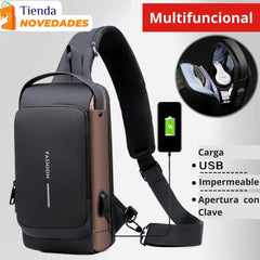 BOLSO MANOS LIBRES ANTIROBO, CARGA USB, IMPERMEABLE