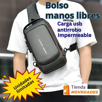 BOLSO MANOS LIBRES ANTIROBO, CARGA USB, IMPERMEABLE