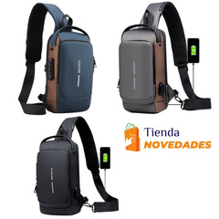 BOLSO MANOS LIBRES ANTIROBO, CARGA USB, IMPERMEABLE